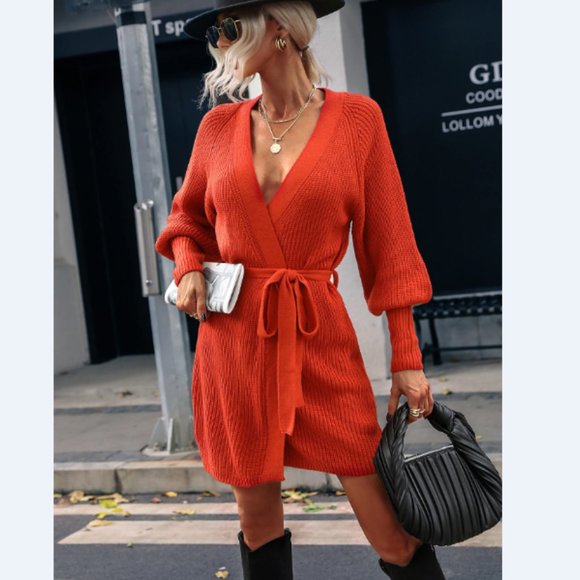 Rib-Knit Lantern Sleeve Belted Sweater Dress - Picture 7 of 16